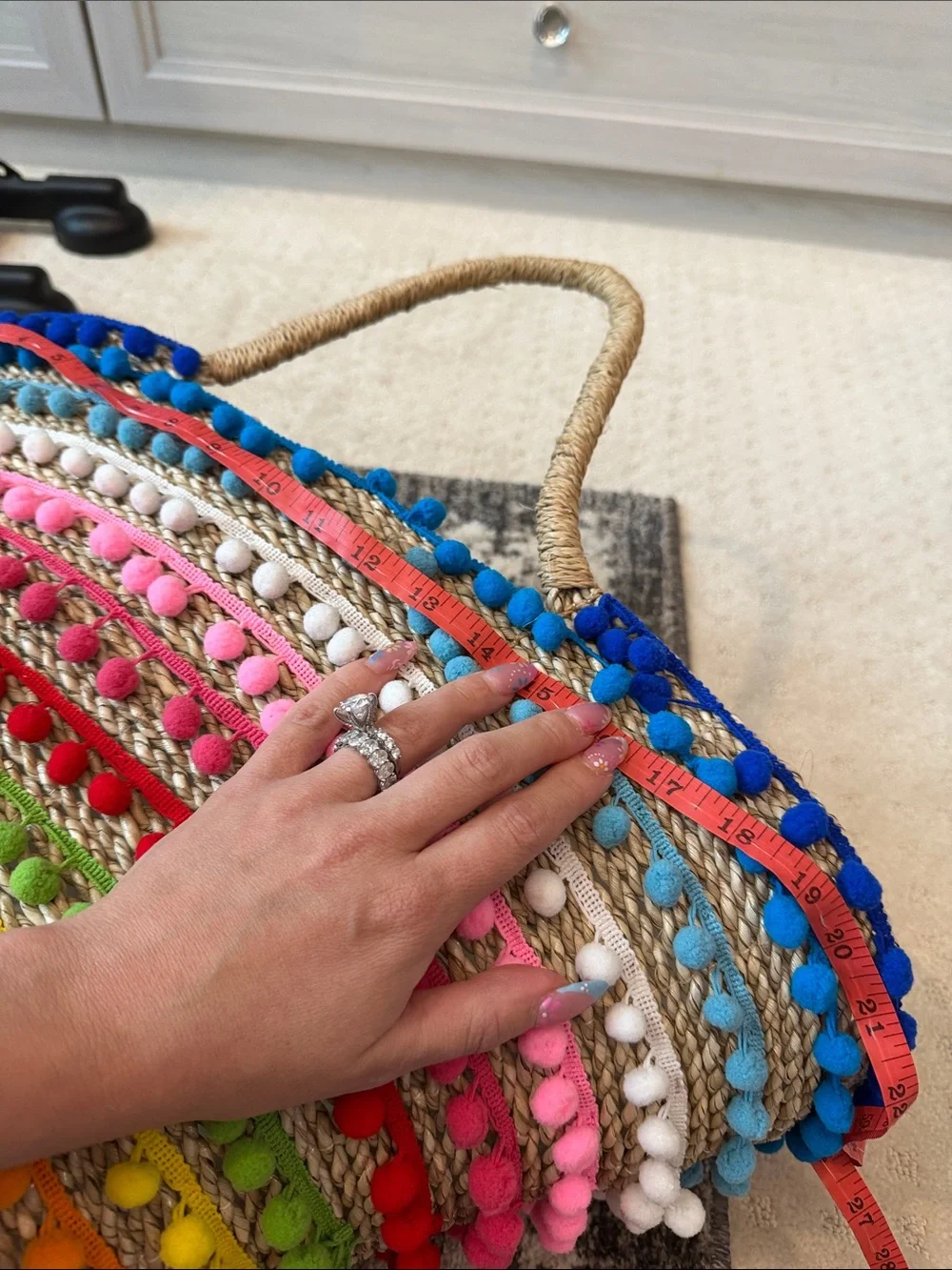 Mystique Straw Tote with Natural Weave and Rainbow Pom Pom Trim